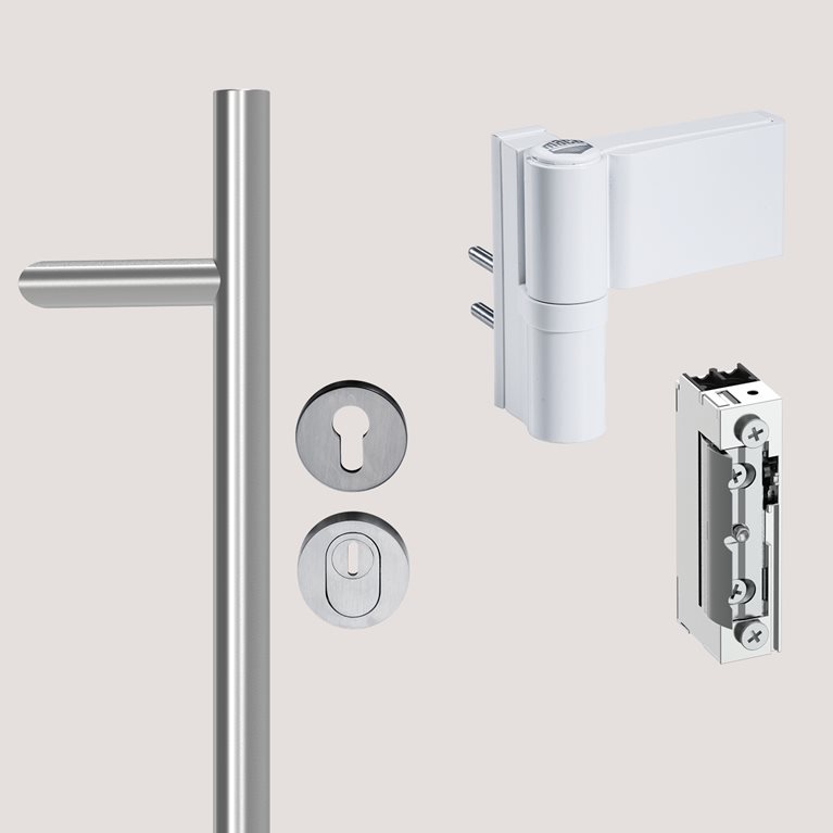 Entrance door hinges, handles and e-openers